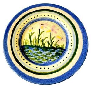 Agape Pottery Plate Hand‎ Painted Small Plate Signed 6.5” Blue Yellow Nature
